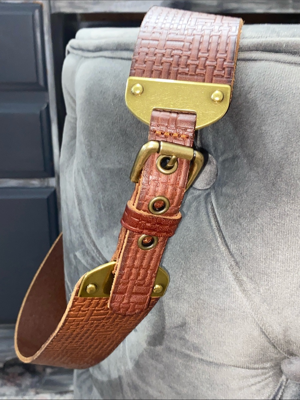 Vintage Fossil Brown Basketweave Leather Belt with Chunky Brass Hardware